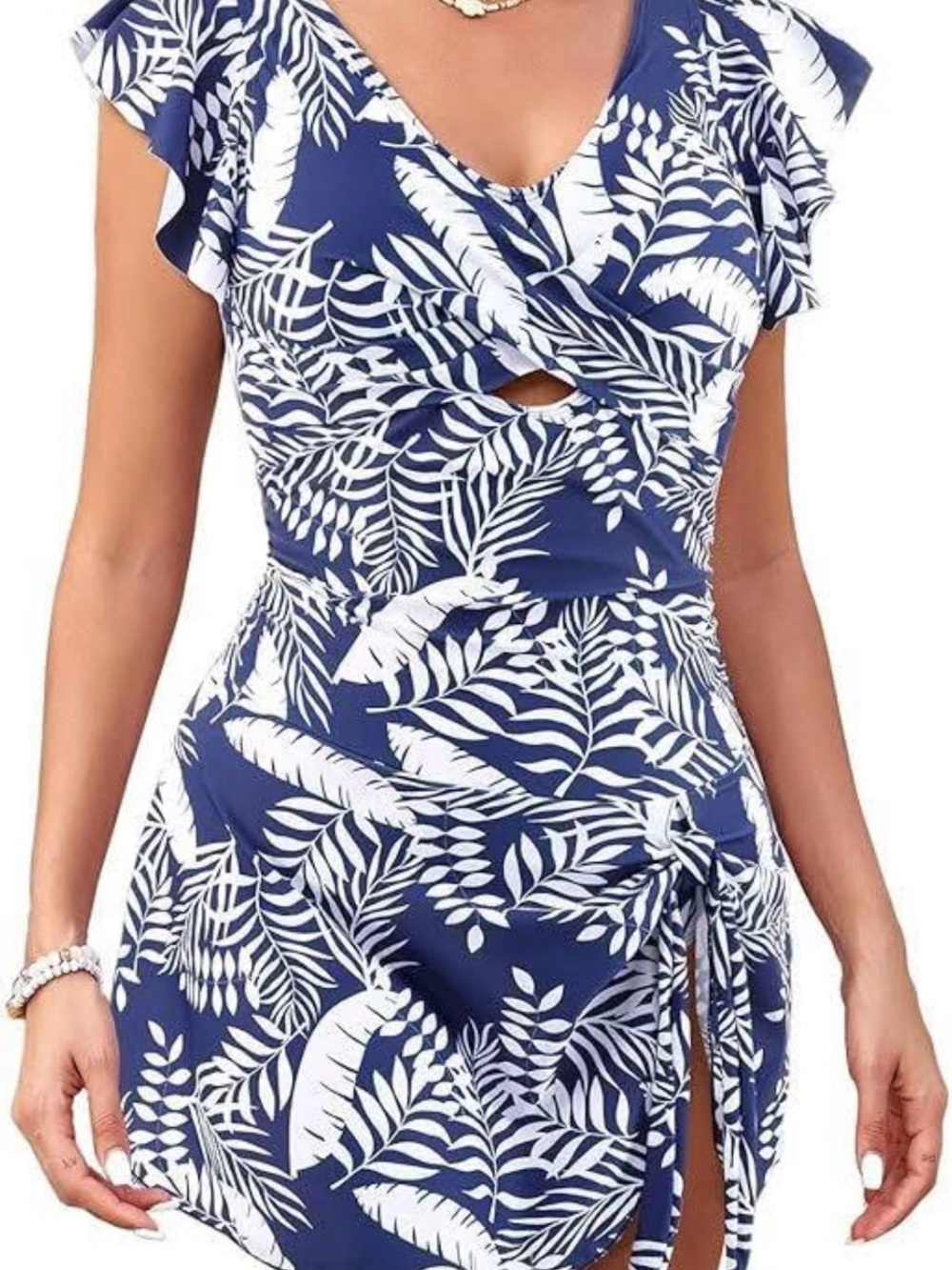 Navy & White Tropical Leaf One-Piece Swim Dress